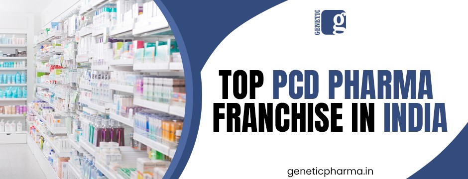 Modern pharmacy interior with 'Top PCD Pharma Franchise in India' text