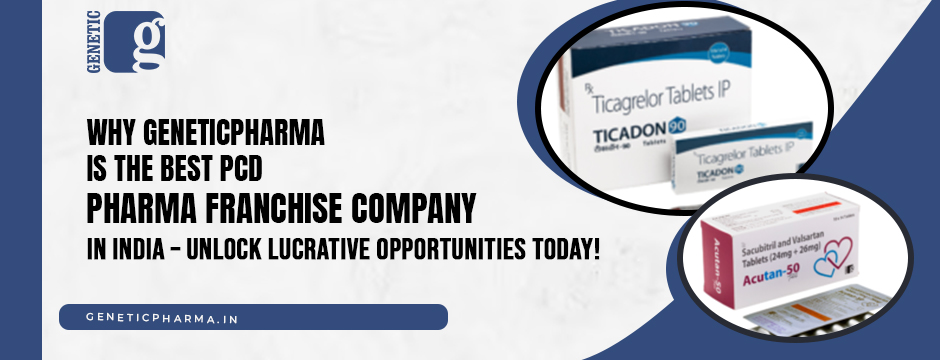 Visual highlighting Genetic Pharma’s PCD pharma franchise offer, showcasing calcium and lactobacillus products along with topical solutions.