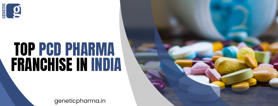 Assorted pharmaceutical pills with text highlighting top PCD pharma franchise in India.