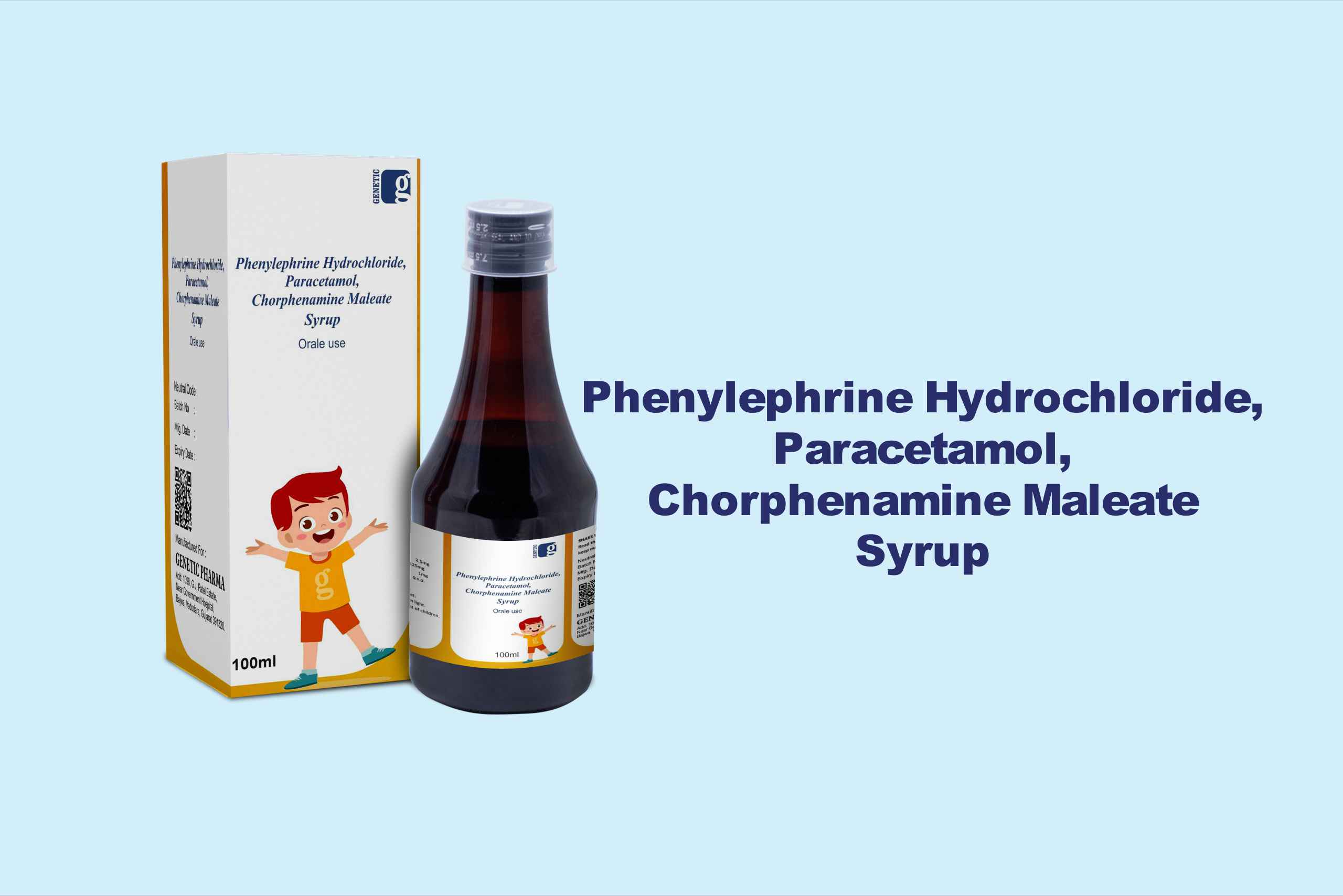 Blog 19. Phenylephrine Hydrochloride Phenylephrine Hydrochloride, Paracetamol, Chorphenamine Maleate Syrup by Genetic Pharma